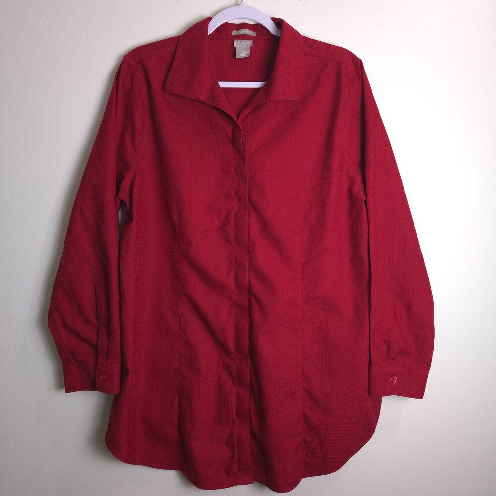 Chico's Red Long Sleeve Solid Jacquard V neck No Iron Blouse Shirt 2, 12/14